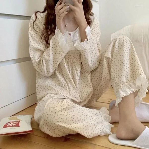Pyjama imprimé pour femmes, ensemble de vêtements de nuit, costume coréen, pantalon à fleurs, manches longues, pour pièces de mode, dentelle Piiama, automne 2024