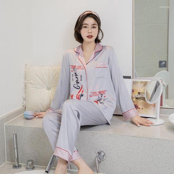 Pajamas imprimé pour femmes Set Pant à manches complètes Loose 2PCS MAISONS SPRINGLES AUTOMNE MODE PIJAMAS DE NIGHTES INTÉMATIQUES CASS