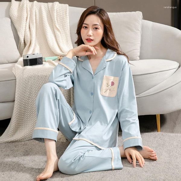 Vêtements de nuit pour femmes Pocket Femme 2pcs Coton Stripe Pajamas Sets Sexy Cardigan Pyjamas Suit Loungewear Nightwear Spring Home Clothes