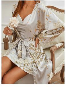 Dames slaapkleding afdrukken Twinset Robe Pak Dames Satijn Chemise Nachthemd Kimono Bathrobe jurk Set Zomer sexy loungewear V-hals SLPWEAR T240523
