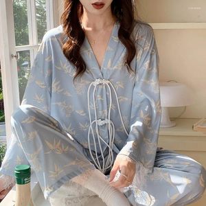 Dames slaapkleding bedrukte pyjama's lente zomer 2024 lange mouwen set dunne ijs zijden Chinese stijl v-neck tweedelig pijamas nachtkleding