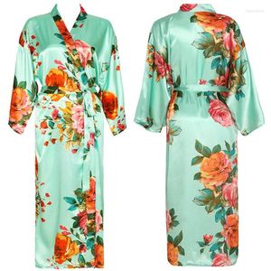 Vêtements de nuit pour femmes impression fleurs manches longues Robe chemise de nuit col en V Kimono Robe de nuit glace soie Cardigan peignoir vêtements de maison