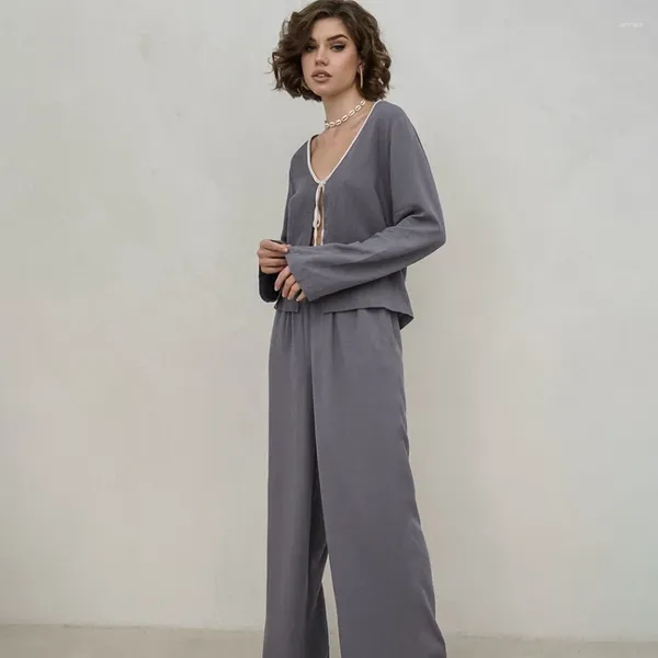 Vêtements de nuit pour femmes pur coton mode paresseux pantalons à manches longues pyjamas ensembles pour femmes 2 pièces sexy cardigan bretelles haut lâche décontracté maison