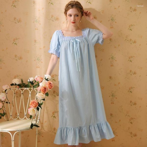 Ropa de dormir para mujer Camisones vintage de algodón puro para mujer, bata larga de manga corta, bata de noche Sexy de princesa, vestido de noche