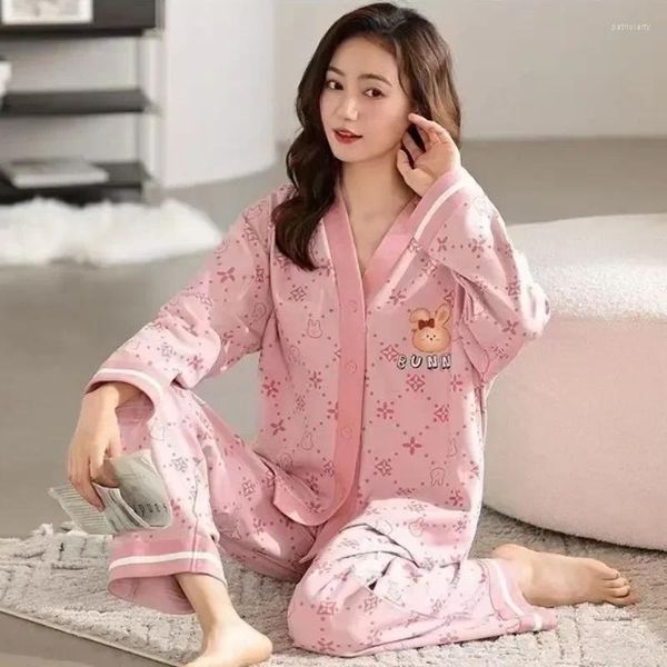 Vêtements de nuit pour femmes Pure Taille Grand Long Set V-Col V-Col Printemps Cardigan Pyjama Automne 2024 Casual Coton Manches Femmes Lâche Haut de gamme pour