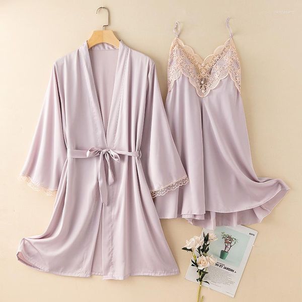 Vêtements de nuit pour femmes Violet 2pcs Kimono Robe Robe Ensembles Sexy Col V Chemise de nuit Peignoir Mariée Sous-vêtements Vêtements de nuit Casual Home Wear