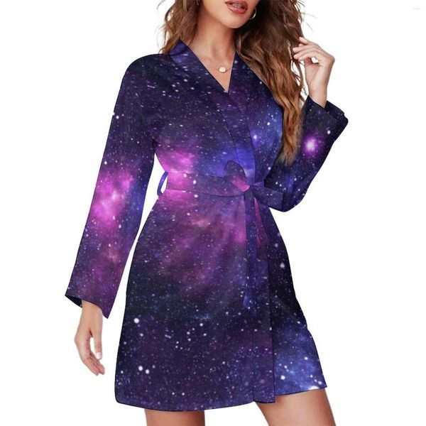 Vêtements de nuit pour femmes Violet Galaxy Pyjama Robe Espace Nébuleuse Étoiles Esthétique À Manches Longues Col En V Imprimé Pyjamas Robes Robes À La Mode