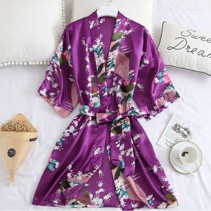 Vêtements de nuit pour femmes violet grande taille 3XL Robe femme Kimono Robe Sexy salon Homewear intime Lingerie mariage imprimé paon en vrac