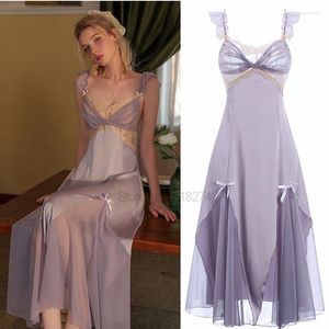 Vrouwen Nachtkleding Paars Nacht Jurk Vrouwen Lingerie 2023 Kant Satijn Nachtjapon Sexy Backless Sleepdress Diepe V-hals Perspectief Nachtkleding