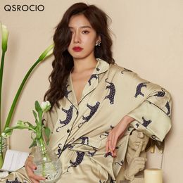 Dames slaapkleding Qsrocio Hoogwaardige pyjama's Set Luxe luipaardprint Losse top zijde zoals nachtwear Leisure Huiskleding Femme 230330