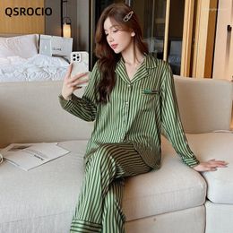 Vêtements de nuit pour femmes QSROCIO ensemble de pyjamas de haute qualité Style Vintage rayures vertes soie comme vêtements de maison décontractés vêtements de nuit Femme Petite