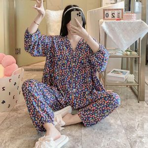 Vêtements de nuit pour femmes QSROCIO Printemps Automne Coton Soie Pyjamas Femmes Lâche Lanterne Manches Col V Cardigan Deux Pièces Ensemble Air Conditionné