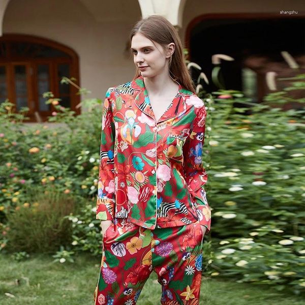 Ropa de dormir para mujer QSROCIO Primavera Otoño Pijamas Set Red Flower Print Homewear Elegante Estilo de lujo Ropa de dormir Causal Simple