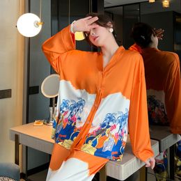 QSROCIO femmes pyjamas ensemble de luxe Orange noix de coco imprimé vêtements de nuit en soie comme Homewear col en V vêtements de nuit loisirs vêtements de détente 230314