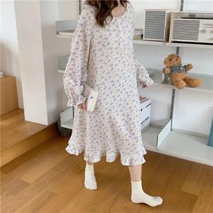 Vêtements de nuit pour femmes Coton Femmes Chinois Style Nuisette Floral Imprimer Longue Nightgrown Automne Blanc Fée Robe De Nuit Robe De Chambre