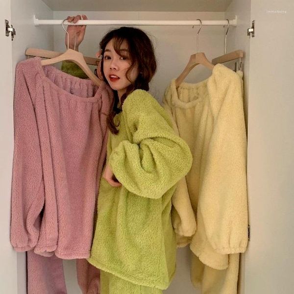 Ropa de dormir para mujeres Pajamas para mujeres Flanela sólida Ropa para el hogar Pijamas de invierno Pijama de moda coreana