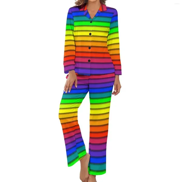 Ropa de dormir para mujer Pijamas a rayas de arcoíris Otoño Líneas horizontales de dos piezas Conjuntos de pijamas Kawaii Señora Manga larga Cuello en V Ocio Impreso