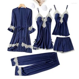 Mulheres sleepwear rayon pijama conjunto mulheres 5pcs noiva casamento robe camisola sexy renda chemise quimono roupão vestido lingerie