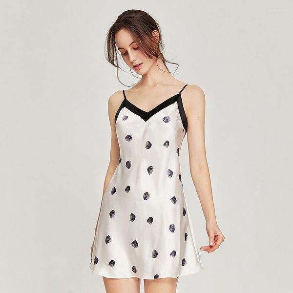 Vêtements de nuit pour femmes véritable pyjama en soie femme été imprimé à pois robe de nuit mûrier genou longueur Sexy fantaisie femmes chemise de nuit