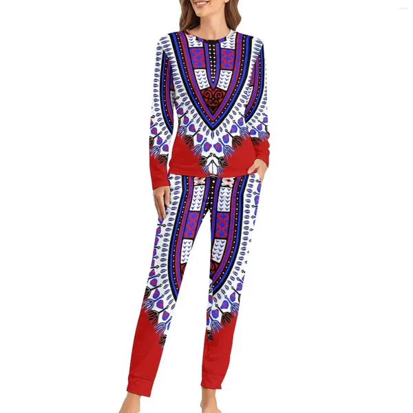 Vêtements de nuit pour femmes Red dashiki pyjamas quotidien vintage imprimé décontracté de nuit surdimensionné femmes à manches longues.