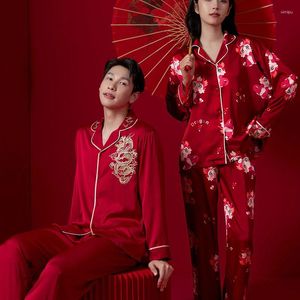 Vêtements de nuit pour femmes rouges de mariage en satin pyjamas couple ensemble de chemises à manches longues pantalon pyjamas costume pijama féminins hommes salon