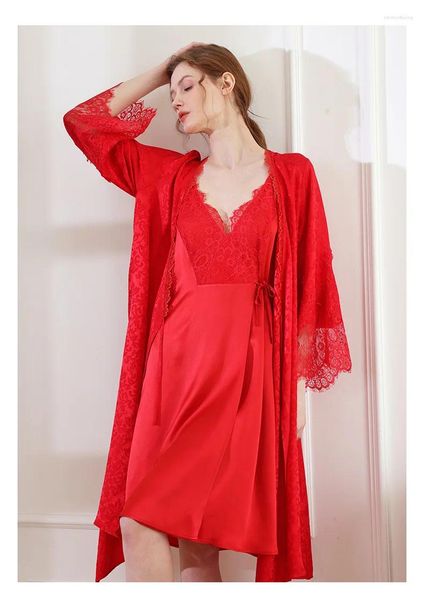 Ropa de dormir para mujer, conjunto de pijamas de seda pura con diseño de encaje de calidad confiable, vestido de noche Sexy, batas de lujo para mujer