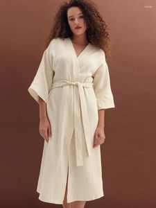 Vêtements de nuit pour femmes Restve Abricot Robes pour femmes lâches trois quarts manches ceintures printemps décontracté peignoir femme coton homewear solide