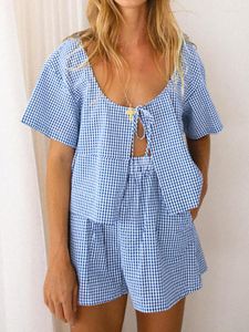 Dames nachtkleding Restve blauwe geruite pyjama voor dames 2-delige sets O-hals Veters met korte mouwen Vrouwelijke pakken met shorts Herfst casual