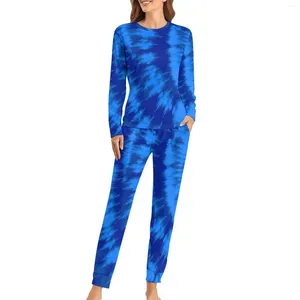 Dames slaapkleding Retro Tie Dye 60s Pyjama's Spring Blue en Aqua Print Casual Oversize Nightwear Lady Long Sheeves grafische romantische set