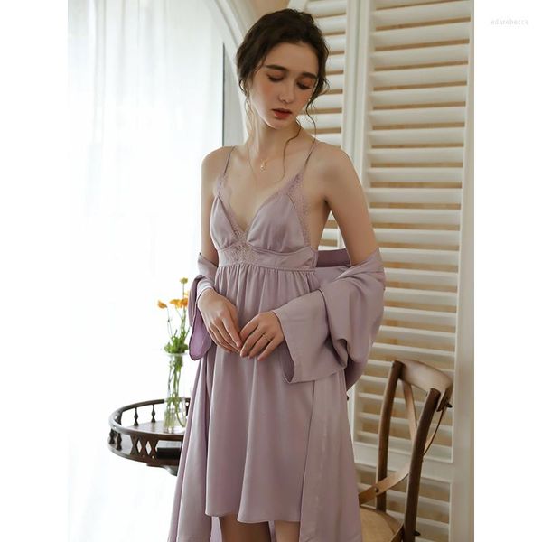 Robe de nuit pour femme Ensembles de chemise de nuit romantique Robe de pyjama Satin Femme