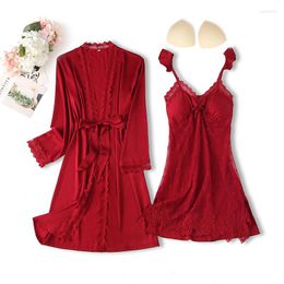 Robe de nuit pour femmes ensemble 2022 femmes vêtements de nuit Sexy bordeaux Satin dentelle Kimono peignoir Robe soyeuse maison vêtements Lingerie intime