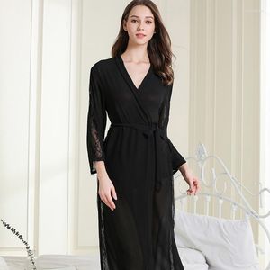 Vêtements de nuit pour femmes Robe femmes dentelle noire bord chemise de nuit col en V Sexy robe de nuit glace soie chemise de nuit maison vêtements manches longues Kimono