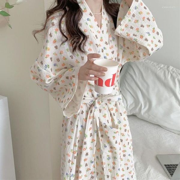 Vêtements de nuit pour femmes Robe Femmes Coton Floral Manches longues Vêtements de nuit Douche Peignoir Kimono Mignon Doux Pyjamas Robes de chambre Robes