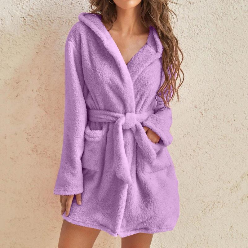 Women's Sleepwear Robes For Women Bathrobe Hooded Fuzzy Plush Shawl Collar Mini Autumn Winter Warm Thick Coral Nightgown