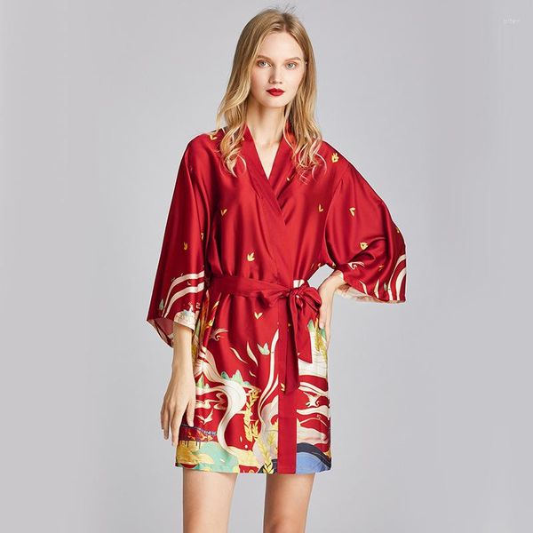 Ropa de dormir para mujer, lencería roja a la moda de Roseheart, ropa de dormir estampada de seda sintética, pijama tejido de talla grande, bata de baño Sexy para mujer