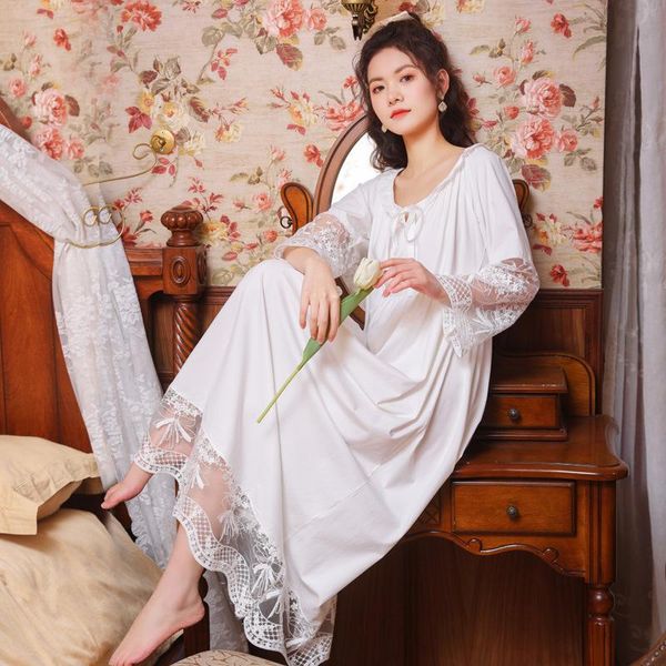 Ropa de dormir para mujer Roseheart White Women Homewear Mujer Sexy Night Dress Long Lace O Neck Nightwear Nightgown Court Gown