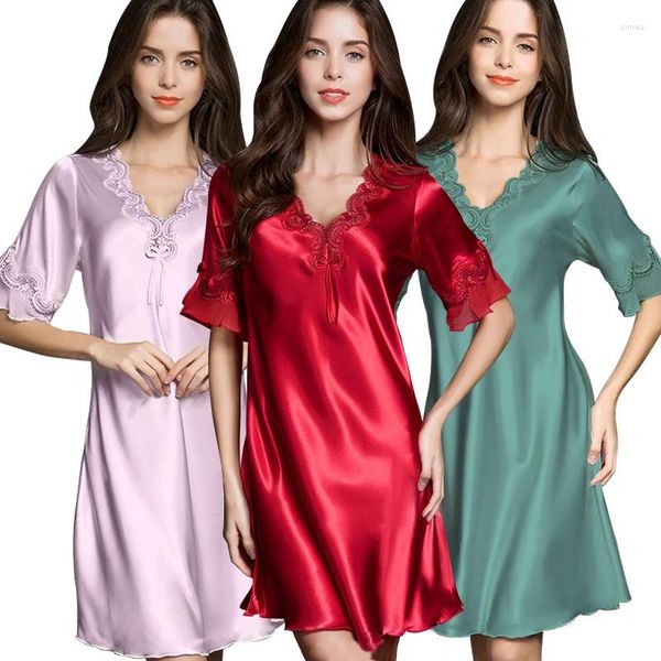 Vêtements de nuit pour femmes RUFFLE MID SLEEVE Chemise de nuit Chemise de nuit Mode Ladie Dentelle Sexy Sling Lingerie Satin Vêtements de nuit Pyjama Loungewear