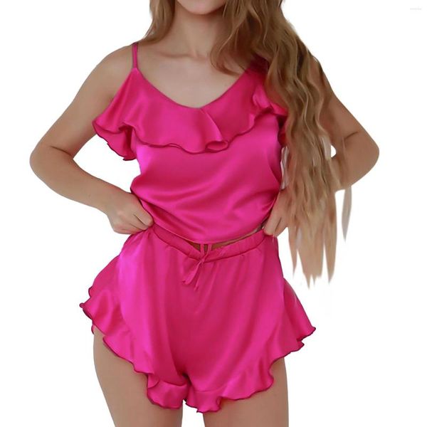 Vêtements de nuit pour femmes Ruffle Satin Pyjama Set Femmes Sling Top et Shorts Costumes Solide Couleur Strappy Sexy Night Wear 2023 Filles Rose Sweety Sleep