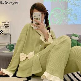 Ropa de dormir para mujer Conjuntos de pijamas con volantes Mujeres Princesa Simple Bow Loungewear Primavera Otoño Diseño Tierno Dulce Estético Moda Casual