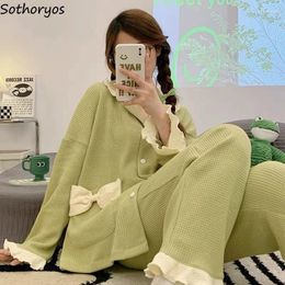 Vêtements de nuit pour femmes Volants Pyjama Ensembles Femmes Princesse Simple Bow Loungewear Printemps Automne Design Tendre Doux Esthétique Tendance Casual