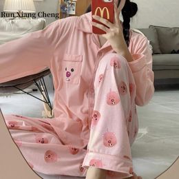 Dames Nachtkleding Runxiangcheng 2024 Ruby Katoenen Pyjama Met Lange Mouwen Schattige Roze Bever Woninginrichting Set