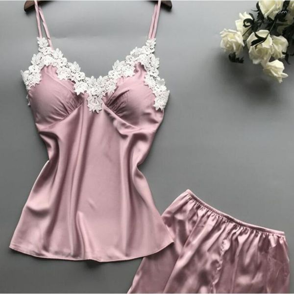 Vêtements de nuit pour femmes S-3XL Femmes Pyjama Costume Mode Col V Stretch Satin Babydoll Dentelle Lingerie Sexy Bowknot Pyjamas Sommeil Shorts Ensemble