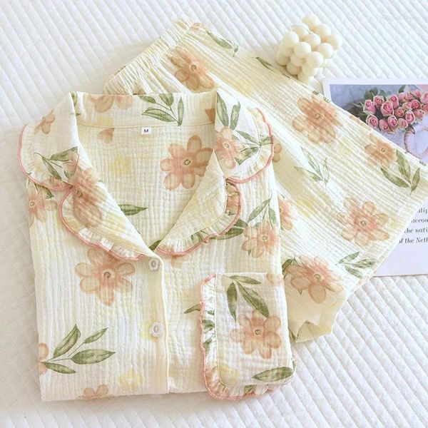 Venta de ropa de dormir para mujer, ropa para el hogar para mujer, conjunto de cuello vuelto de ocio de algodón de gasa de verano 2023, pijamas con estampado Floral de 2 uds.