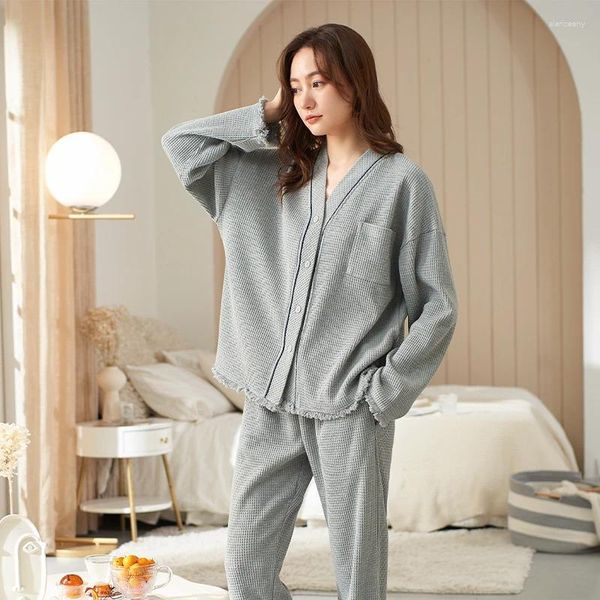 Venta de ropa de dormir para mujeres Women Waffle Algodón Algodón Pantalones de manga larga Pajamas Conjuntos suaves confortables sueltas