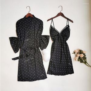 Vrouwen Nachtkleding Satijn 2 Kleuren Gewaad Set Vrouwen Zwarte Kimono Jurk Zomer 2 Stuks Polka Dot NightyRobe Lace trim Homewear