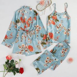 Indumenti da notte da donna Reggiseno in raso Set di vestaglia Pigiama sexy Accappatoio di seta da donna 3 pezzi Pigiama Reggicalze Gilet di fiori stampato Pijama Feminino