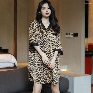 Vêtements de nuit en Satin imprimé léopard pour femmes, chemise de nuit d'été, jupe, pyjama, vêtements de maison, grande taille, longue chemise de nuit