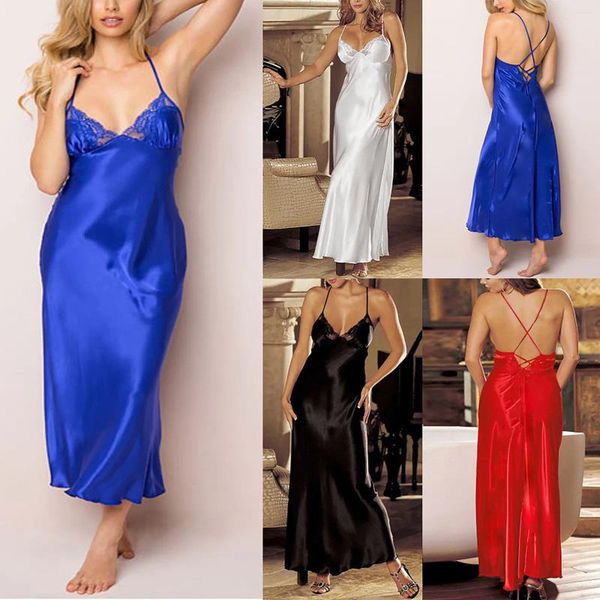 Vêtements de nuit pour femmes, chemise de nuit longue en Satin, robe de nuit en soie, col en v, écharpe licou, dentelle brodée, vêtements de nuit