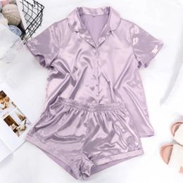 Dames slaapkleding Satijnen Pyjama's Set 2pcs Korte mouw Rapel Huiswear Sets Solid Color Slim Fit Loungewear Home Furnishing Chemise