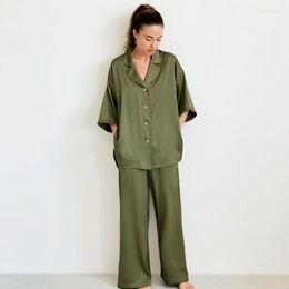 Vrouwen Nachtkleding Satijnen Pyjama Set Koreaanse Japanse Pyjama Lange Button Up Pyjama Kraagvorm Effen Kleur Driekwart Kombinezon